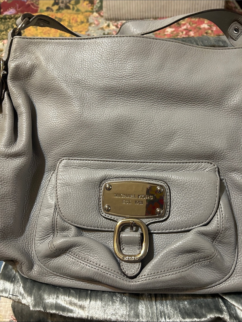 Michael Kors Light Gray Pebbled Leather Shoulder Bag with Gold Hardware